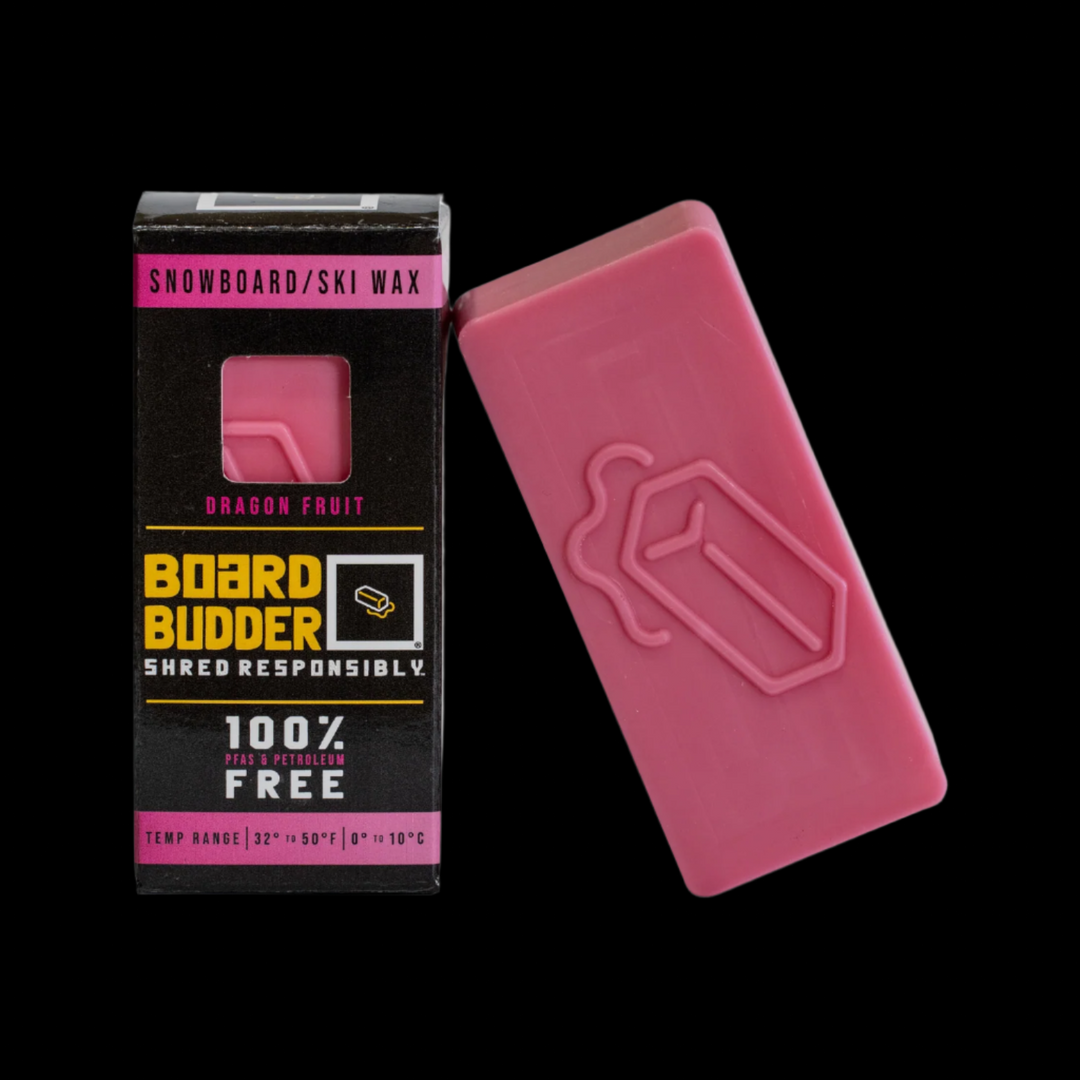 Warm Temperature Pink Ski and Snowboard Wax Leaning Against Packaging | Eco-Friendly Wax for 32º to 50ºF
