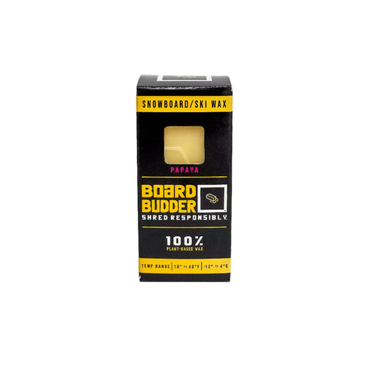 Front view of Board Budder All-Temperature Ski & Snowboard Wax in biodegradable packaging