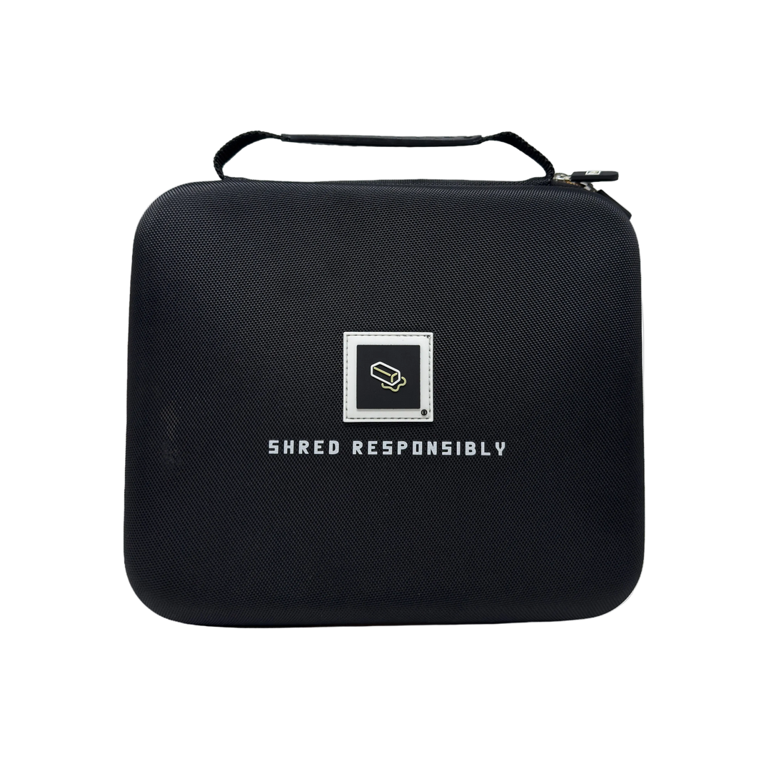 Black carrying case with 'Shred Responsibly' text and logo on a white background
