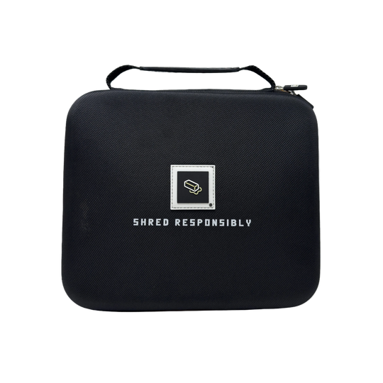 Black carrying case with 'Shred Responsibly' text and logo on a white background