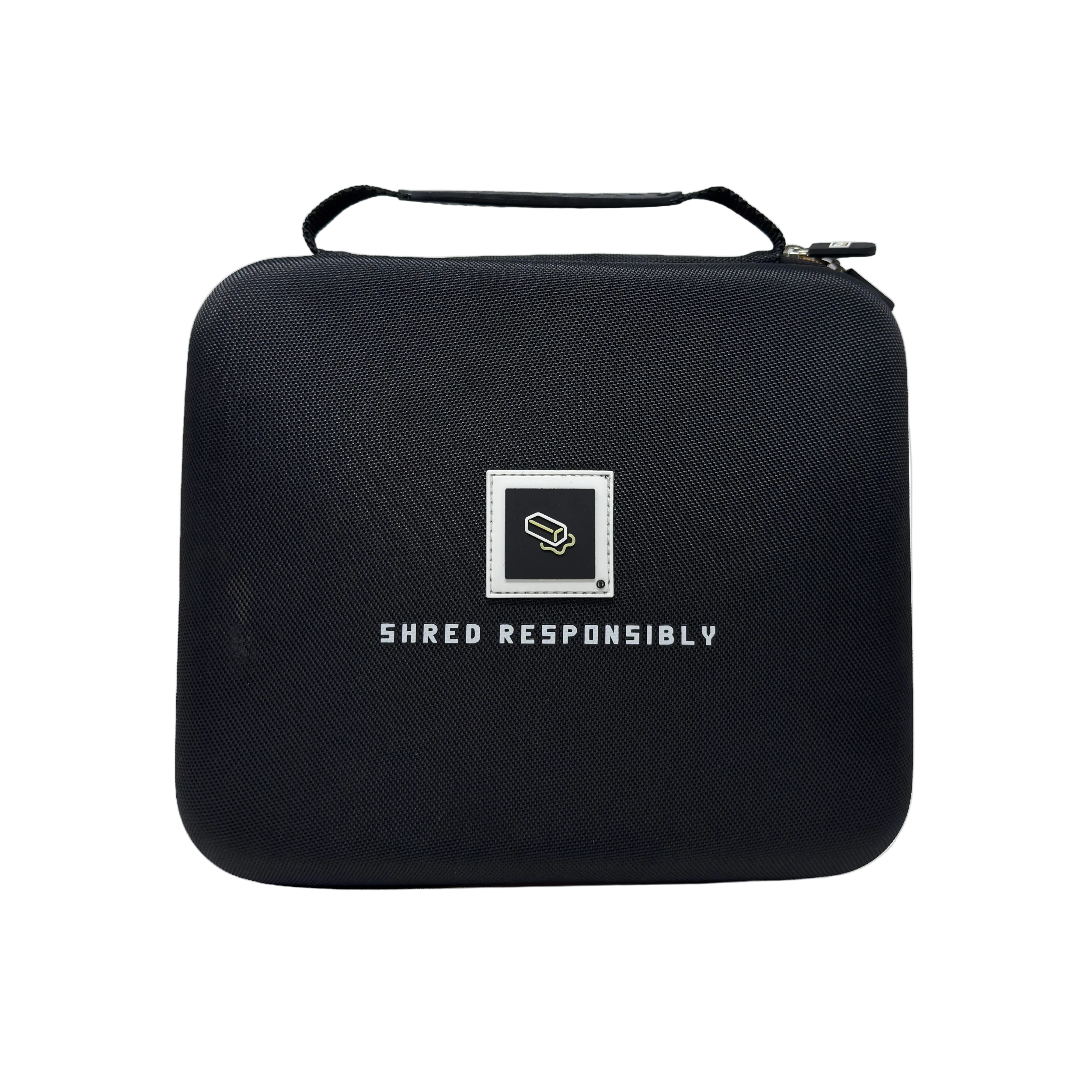 Black carrying case with 'Shred Responsibly' text and logo on a white background
