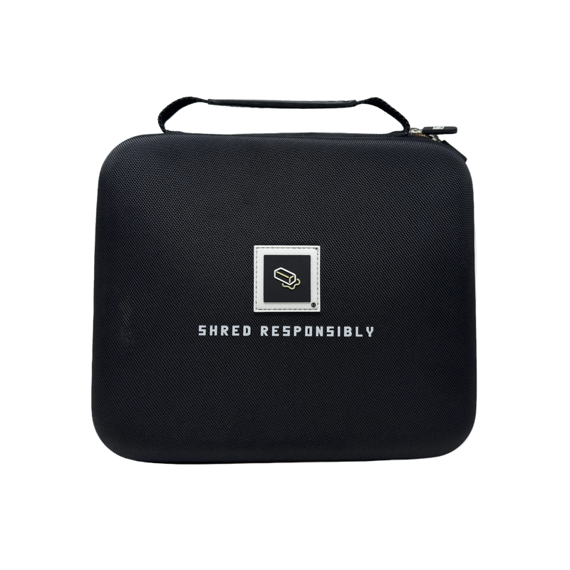 Black carrying case with 'Shred Responsibly' text and logo on a white background